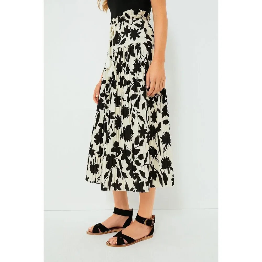 Moon River Floral Print A-line Full Midi Skirt Ivory, Black Size L